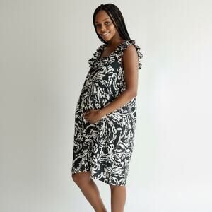 Liz Lange Maternity Print Ruffle Neck Tunic Top Black White Size XXL